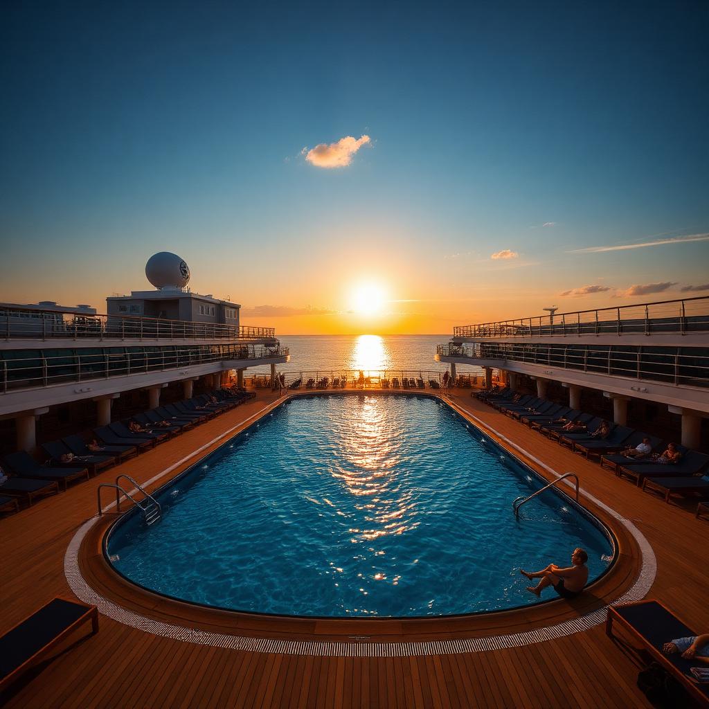 Cruise ship pool deck at sunset